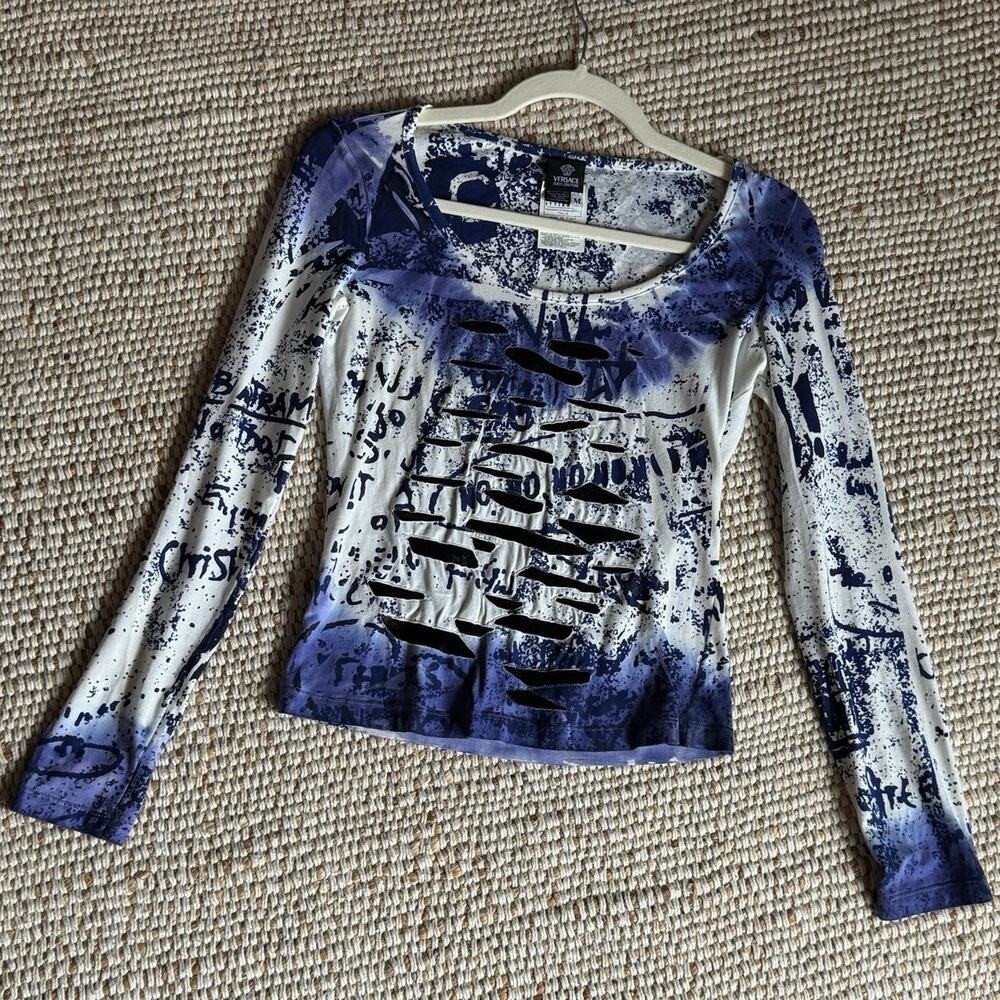 Vintage Versace Graphic Long Sleeve Top Blue Y2K Distressed Cutout M Cotton